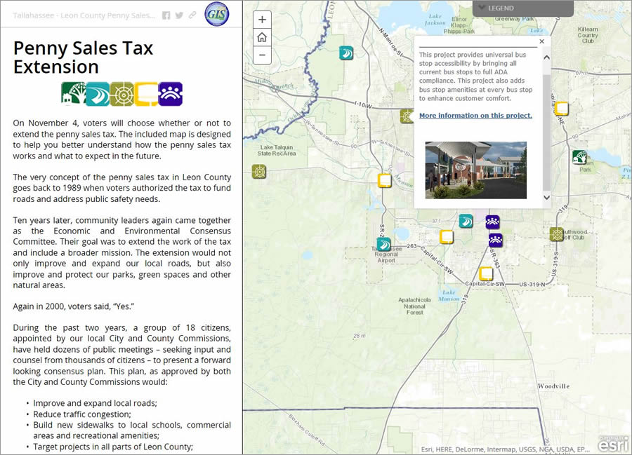Leon County staff felt the Story Map Journal app was a perfect means for disseminating information to voters about projects that would be funded by the tax. Leon County staff felt the Story Map Journal app was a perfect means for disseminating information to voters about projects that would be funded by the tax.