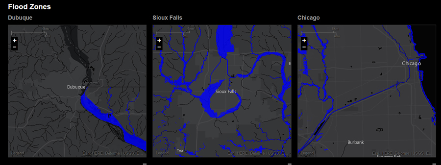 Sohl compared 100-year flood areas for Dubuque, Iowa, Sioux Falls, South Dakota, and Chicago, Illinois. Sohl compared 100-year flood areas for Dubuque, Iowa, Sioux Falls, South Dakota, and Chicago, Illinois.