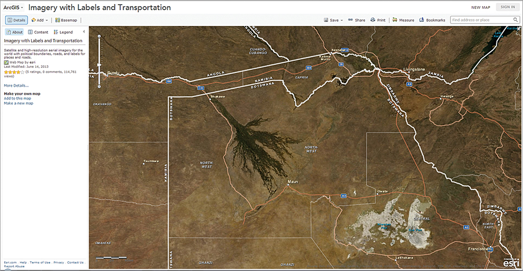 Okavango Delta, Botswana, is shown in the Imagery with Labels and Transportation