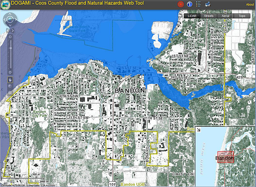 DOGAMI hosts web map services displaying new, redelineated flood zones for Coos County, Oregon, Lidar data were used to create new flood zones for the county. The viewer utilizes lidar derived layers to provide users with more accurate and useful base maps.