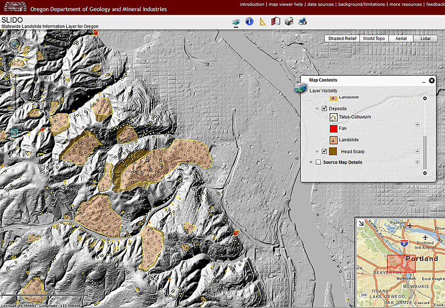 DOGAMI's SLIDO (Statewide Landslide Information Layer for Oregon) web viewer allows users to visualize and locate landslide hazards. The addition of lidar and other supplemental basemaps let users visualize morphological features, land use, and infrastructure.