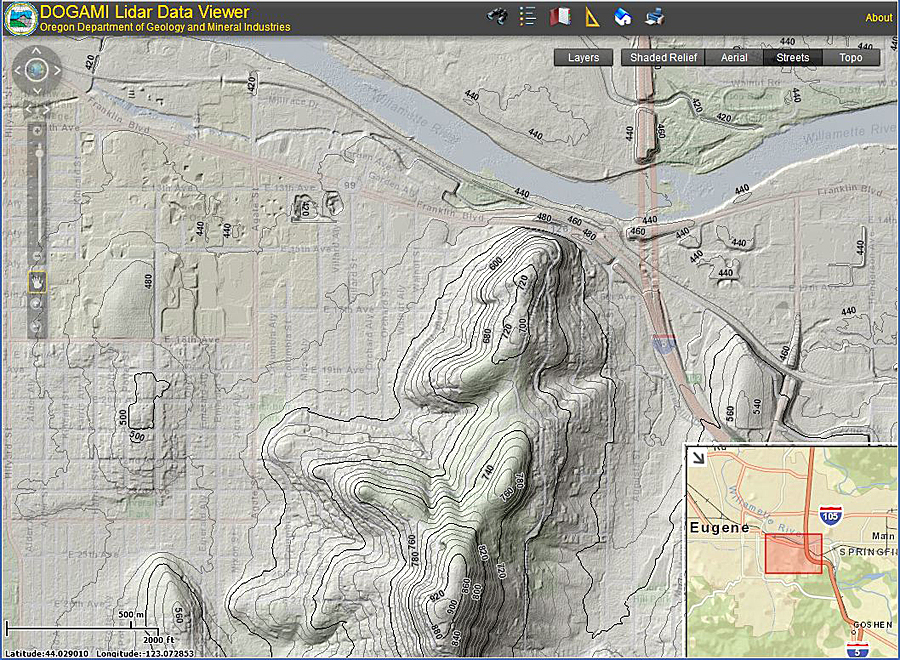 DOGAMI's Lidar Data Viewer hosts an unprecedented volume of lidar data. Users have access to multiple base map overlays.