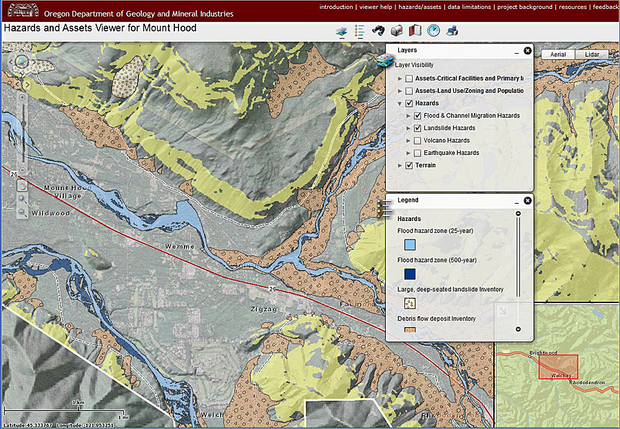 DOGAMI's multi-hazard analysis for the Mount Hood Region is delivered to the public as a formal DOGAMI publication as well as an on-line web viewer. This viewer features asset and hazard layers used in the study and allows users to visualize the dynamic relationships of Mount Hood's natural hazards and the vulnerability of the assets to these hazards.