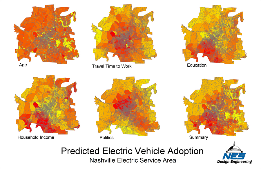 This series of heat maps show in red the areas served by the Nashville Electric Service (NES) that have the highest predicted electric vehicle adoption rates based on NES study criteria.