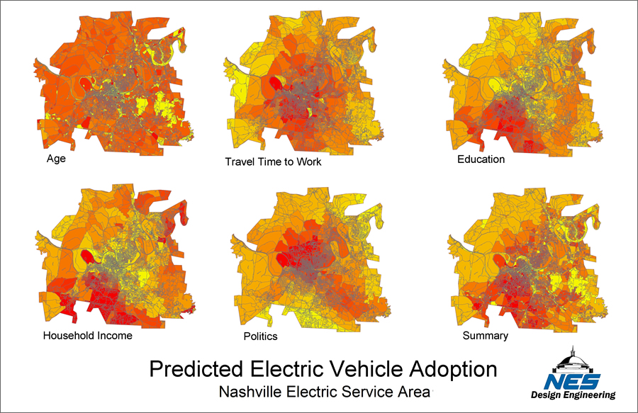 This series of heat maps show in red the areas served by the Nashville Electric Service (NES) that have the highest predicted electric vehicle adoption rates based on NES study criteria. This series of heat maps show in red the areas served by the Nashville Electric Service (NES) that have the highest predicted electric vehicle adoption rates based on NES study criteria.