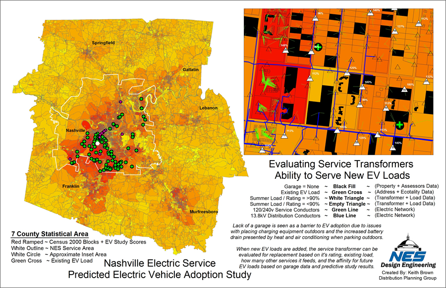 The map (above left) shows a portion of the state of Tennessee with the NES service area outlined in white and the existing electric vehicle load as green crosses. The inset (above right) uses white triangles to indicate overloaded transformers. The map (above left) shows a portion of the state of Tennessee with the NES service area outlined in white and the existing electric vehicle load as green crosses. The inset (above right) uses white triangles to indicate overloaded transformers.