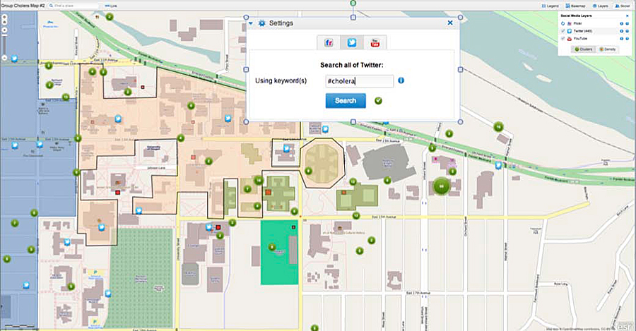 Campus map demonstrating the location of Tweets that were posted by course staff who were simulating students infected with cholera. Campus map demonstrating the location of Tweets that were posted by course staff who were simulating students infected with cholera.