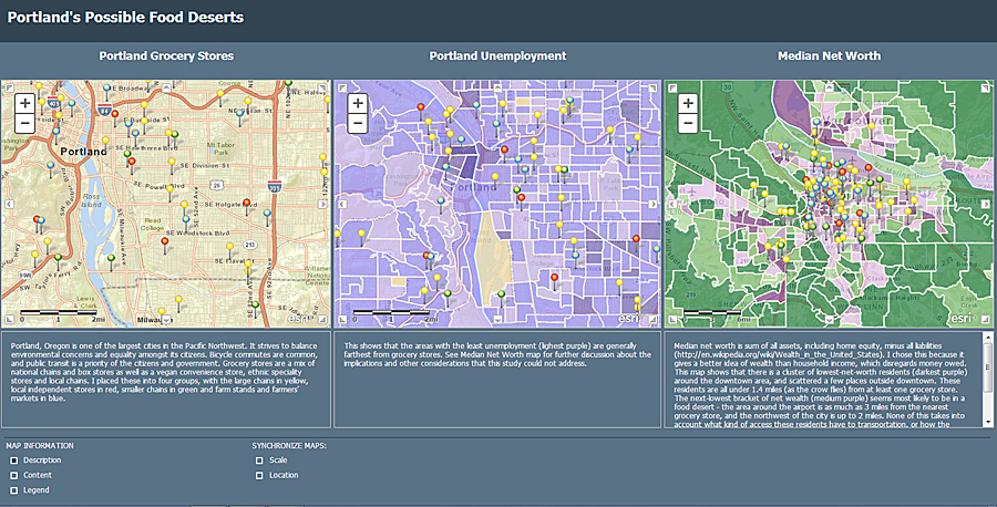 Web-based mapping application demonstrating location of major grocery stores in Portland, Oregon (left) in relationship to unemployment (center) and net worth (right).