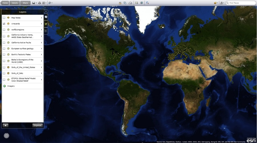 Locations of vineyards around the world (ArcGIS Explorer Online).