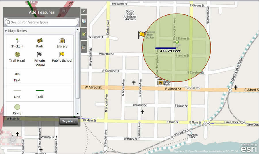 Using a defined restriction distance deputies can create a radius around the proposed address, and measure distances to public facilities.