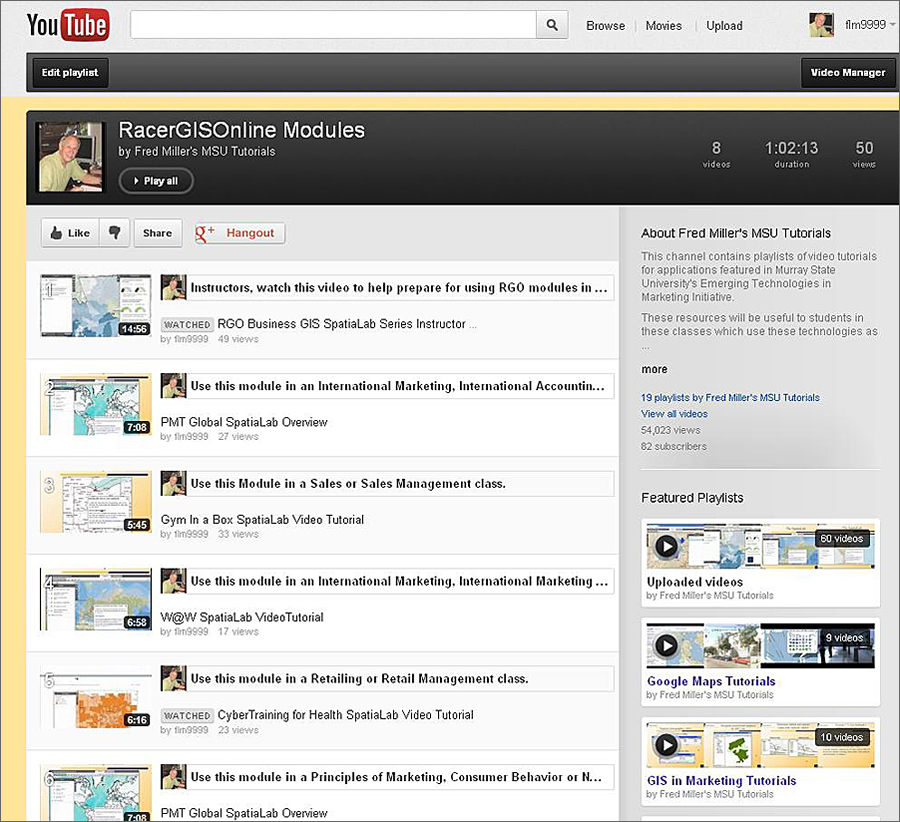 RacerGISOnline modules YouTube playlist.