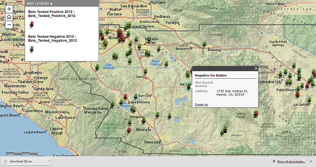 Riverside County uses ArcGIS Online for internally facing web maps like this one showing where bats were trapped and tested for rabies. Riverside County uses ArcGIS Online for internally facing web maps like this one showing where bats were trapped and tested for rabies.