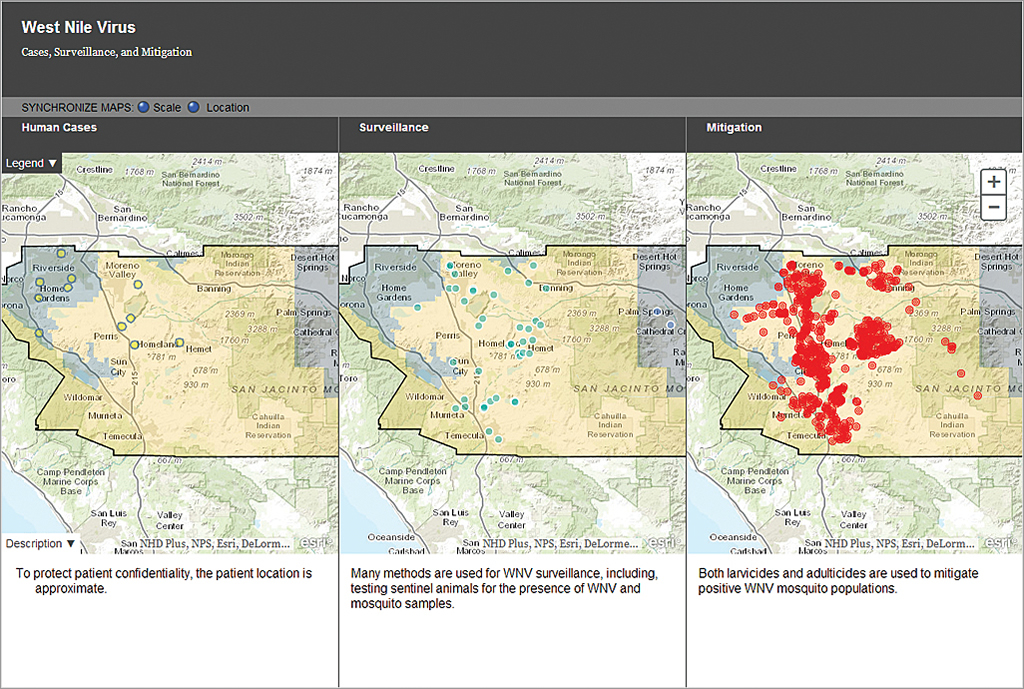 This three-panel map relates the occurrence, surveillance, and mitigation efforts in response to West Nile virus. This three-panel map relates the occurrence, surveillance, and mitigation efforts in response to West Nile virus.