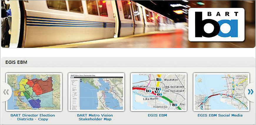 Built with ArcGIS Online, BART's internal mapping system (Enterprise GIS-Enhanced Base Map) serves the mapping needs of every division within the agency. Built with ArcGIS Online, BART's internal mapping system (Enterprise GIS-Enhanced Base Map) serves the mapping needs of every division within the agency.