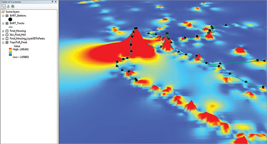 The 3D map depicts housing density in proximity to BART tracks and stations. The 3D map depicts housing density in proximity to BART tracks and stations.