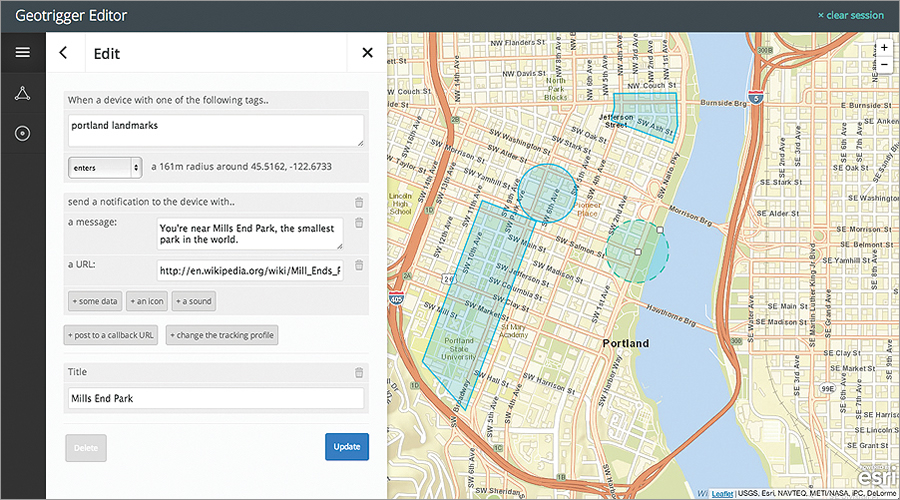 A mobile app using the Geotrigger Service can let you know when you're near interesting places you might not notice or know about, like the world's smallest park. A mobile app using the Geotrigger Service can let you know when you're near interesting places you might not notice or know about, like the world's smallest park.