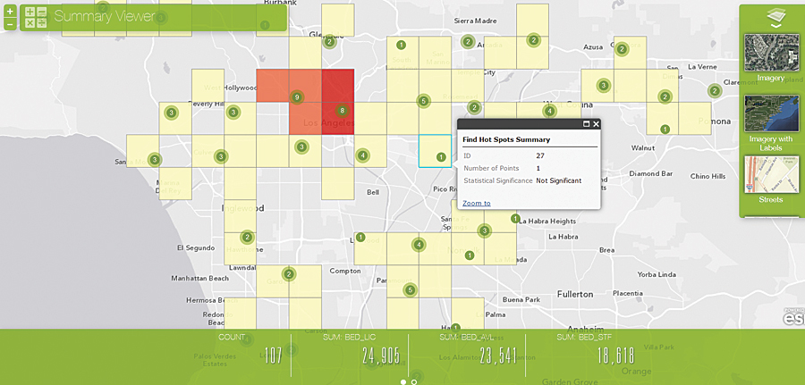 Use this template to summarize numeric attributes of features in a specified layer that are within a visible map area.