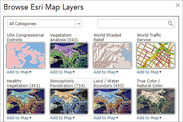 Browse dozens of Esri Map Layers, including demographics and land cover, and add them to your map.