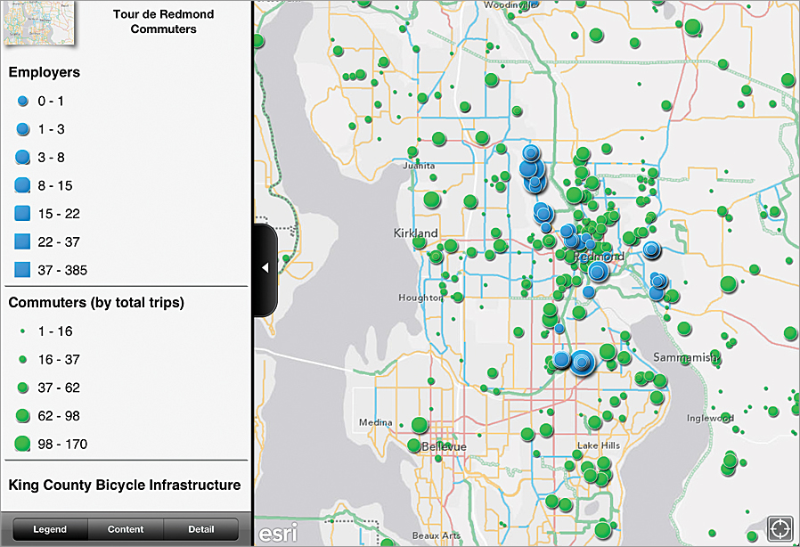 A RideAmigos map shows the King County Bicycle Infrastructure, the location of employers, and the total trips of commuters in Redmond, Washington.