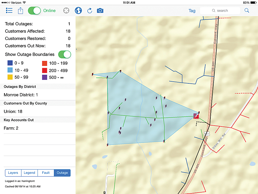 Offline Viewer, working online during an outage, displays the affected area and customers and the status of the event.