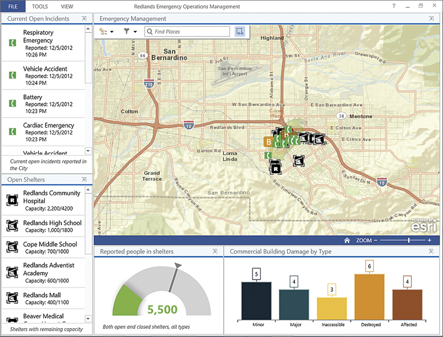 The new Windows-based Operations Dashboard for ArcGIS application leverages responsive maps and dynamic data to create operational views that include charts, lists, gauges, and indicators, which update automatically as underlying information changes.