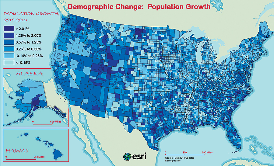 Population growth may be influenced by job opportunities and workers' ability to move to take a job. This map of the US by county clearly illustrates areas of population growth and decline.