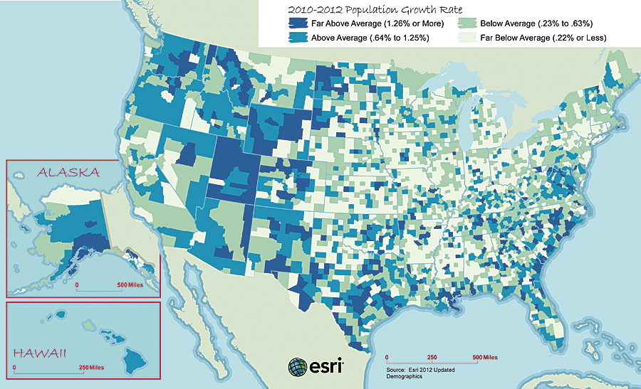 United States by county clearly shows pockets of growth that may indicate job opportunities in those areas.