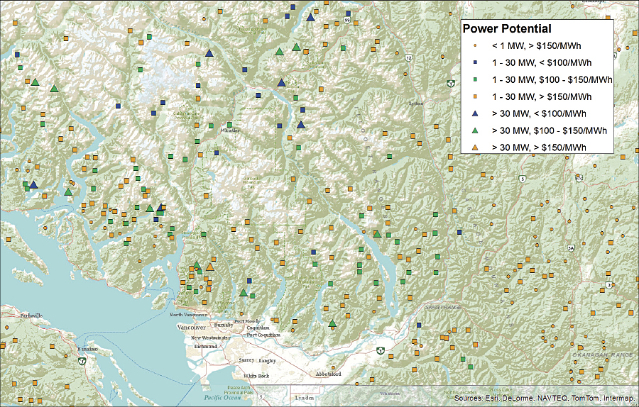 Sample of Rapid Hydropower Assessment Model (RHAM) results indicating potential run-of-river hydropower in southwestern British Columbia, Canada.