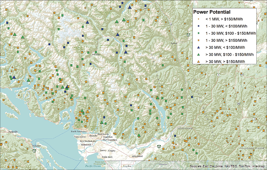 Sample of Rapid Hydropower Assessment Model (RHAM) results indicating potential run-of-river hydropower in southwestern British Columbia, Canada. Sample of Rapid Hydropower Assessment Model (RHAM) results indicating potential run-of-river hydropower in southwestern British Columbia, Canada.