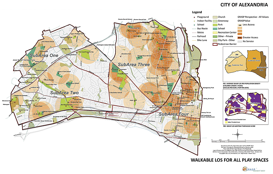 The heat map uses scores for each play space to produce a level of service (LOS) value for any location within the city.