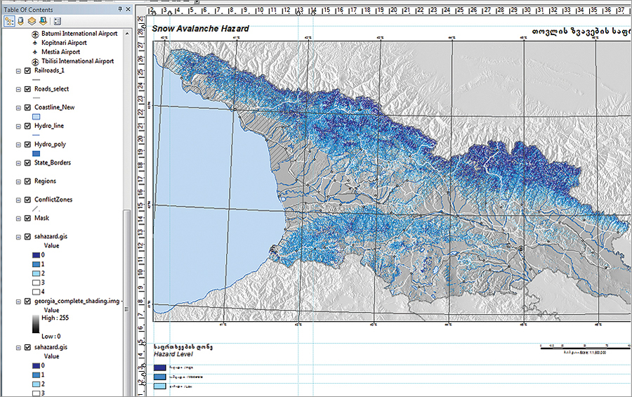 One of the map products, a five-class snow avalanche hazard map in ArcGIS.