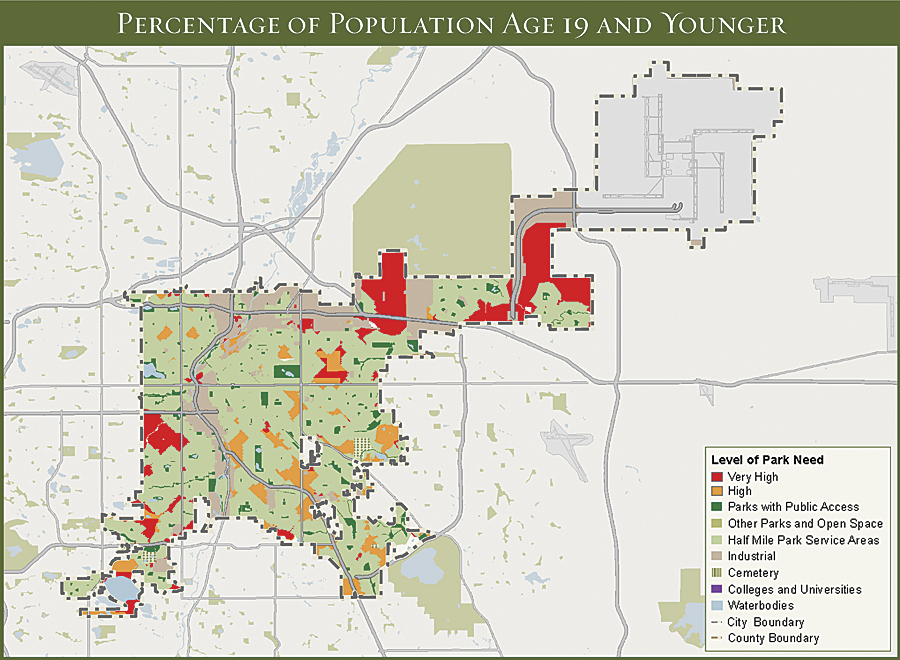 This ParkScore map illustrates the level of park need for Denver's children and adolescents by showing the areas of the city with and without park access.