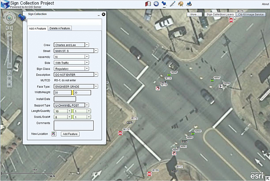 Using ArcGIS API for Flex, the GIS Department created an Internet-based collection application to inventory signs.