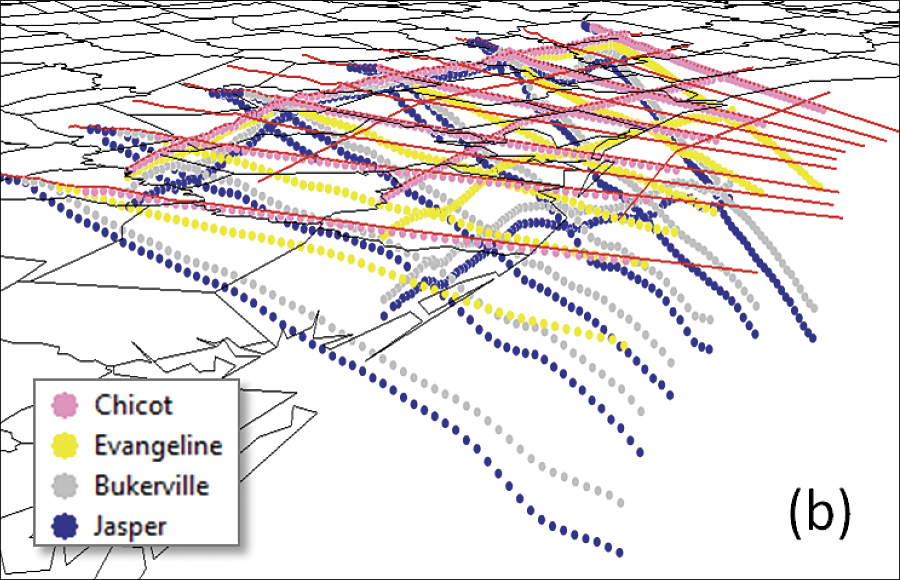 Workflow for creating a 3D subsurface model from 2D cross sections: (b) GeoSections are sampled and 3D points created representing top/bottom of units.