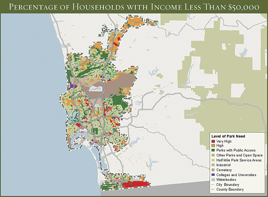 The level of park need in San Diego for those with a household income of less than $50,000 is illustrated by showing the areas of the city with and without park access.
