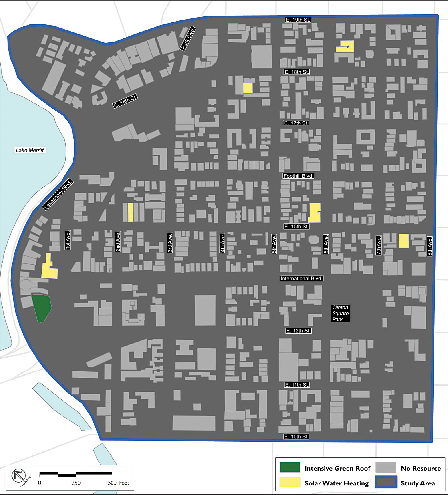 The Eastlake neighborhood in Oakland, California, was selected for its mix of building types and ethnically and economically diverse population. The neighborhood had one building with an existing intensive green roof and five buildings with rooftop solar water heaters.