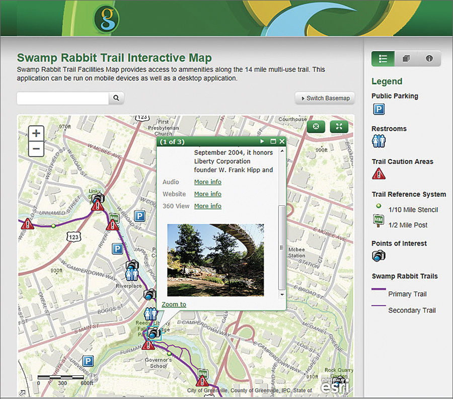 Greenville's Swamp Rabbit Trail Interactive Map shows a variety of amenities along the trail, including pictures and links to audio and 360-degree imagery. Greenville's Swamp Rabbit Trail Interactive Map shows a variety of amenities along the trail, including pictures and links to audio and 360-degree imagery.