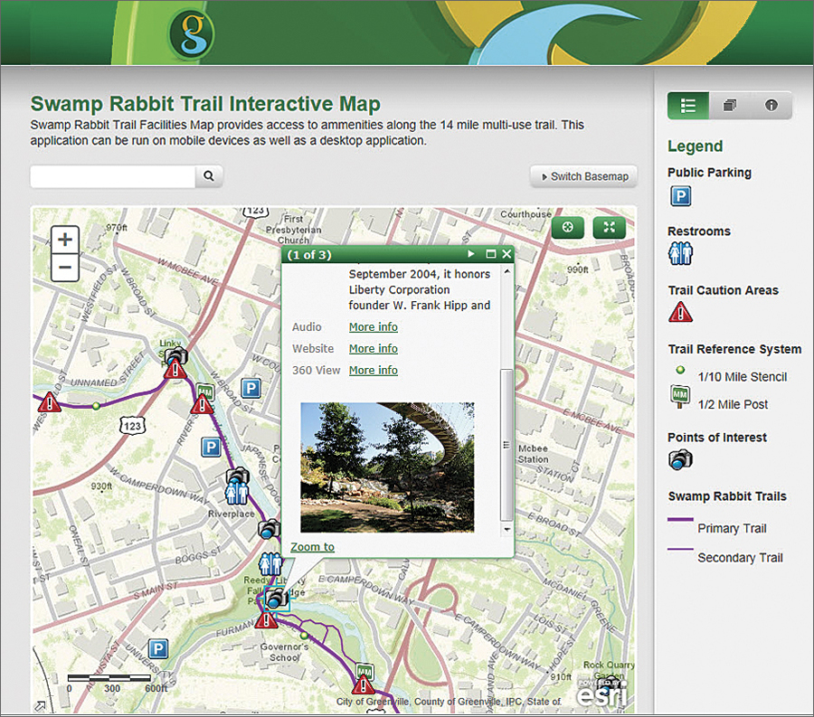 Greenville's Swamp Rabbit Trail Interactive Map shows a variety of amenities along the trail, including pictures and links to audio and 360-degree imagery.