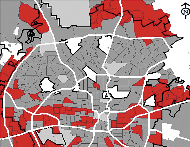 Spatial distribution of neighborhoods with more than 25 percent of the population within the range of 0 to 15 years old. (Courtesy of Neighborhood Association, City of San Antonio.) Spatial distribution of neighborhoods with more than 25 percent of the population within the range of 0 to 15 years old. (Courtesy of Neighborhood Association, City of San Antonio.)