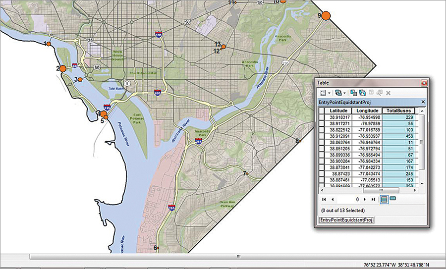 Graduated symbology allows researchers to visualize and determine tour bus volumes. Graduated symbology allows researchers to visualize and determine tour bus volumes.