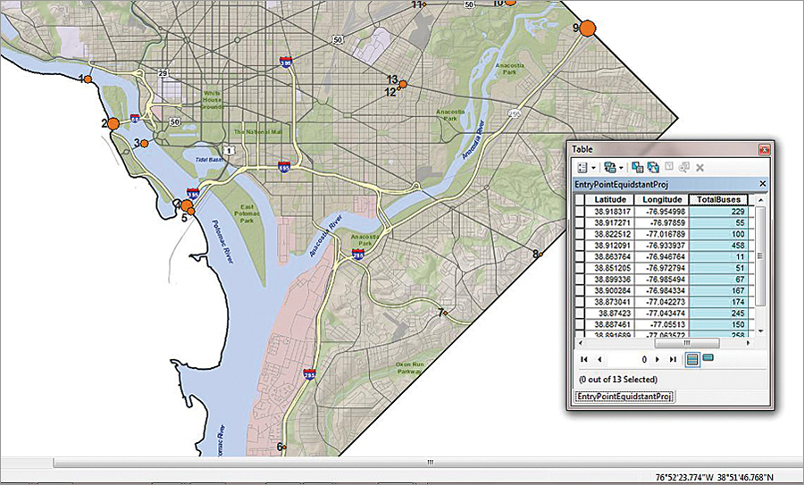 Graduated symbology allows researchers to visualize and determine tour bus volumes.