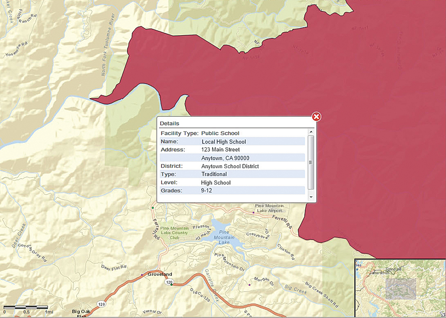 Rim Fire, 2013. Clicking on a marker opens a panel containing details for that location, including contact information, number of clients, age ranges, and other important elements.