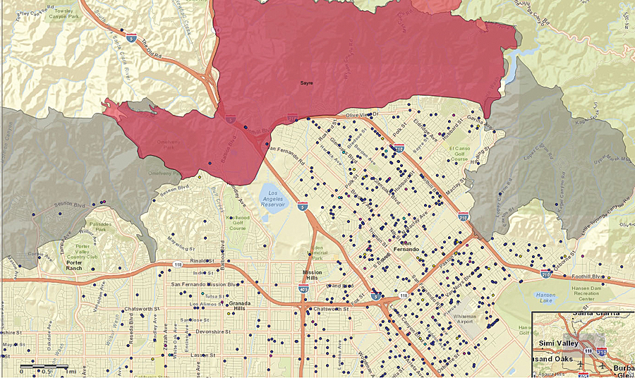 Sayre Fire, 2008. The map displays the location of foster homes relative to the fire's perimeter.