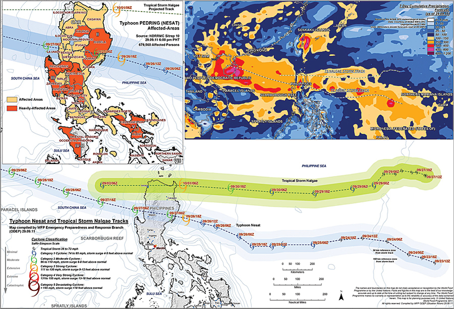 Typhoon and tropical storm tracking in the Philippines: The World Food Programme (WFP) uses ArcGIS to understand vulnerabilities among populations living in areas prone to natural disasters. Here the evolution of Hurricane Nesat and Tropical Storm Nalgae are shown in relation to affected areas along their tracks. Typhoon and tropical storm tracking in the Philippines: The World Food Programme (WFP) uses ArcGIS to understand vulnerabilities among populations living in areas prone to natural disasters. Here the evolution of Hurricane Nesat and Tropical Storm Nalgae are shown in relation to affected areas along their tracks.