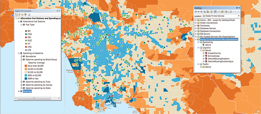 Desktop users have easy access to ArcGIS Online tools, such as geocoding and network analysis services. Desktop users have easy access to ArcGIS Online tools, such as geocoding and network analysis services.