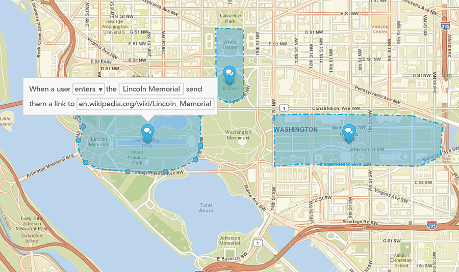 The Esri Geotrigger feature allows an application to send messages in real time to individual users as they encounter a geofenced area. Here, a visual trigger editor allows a nontechnical staffer to modify geofence locations and Geotrigger logic on the fly, without writing any new code.