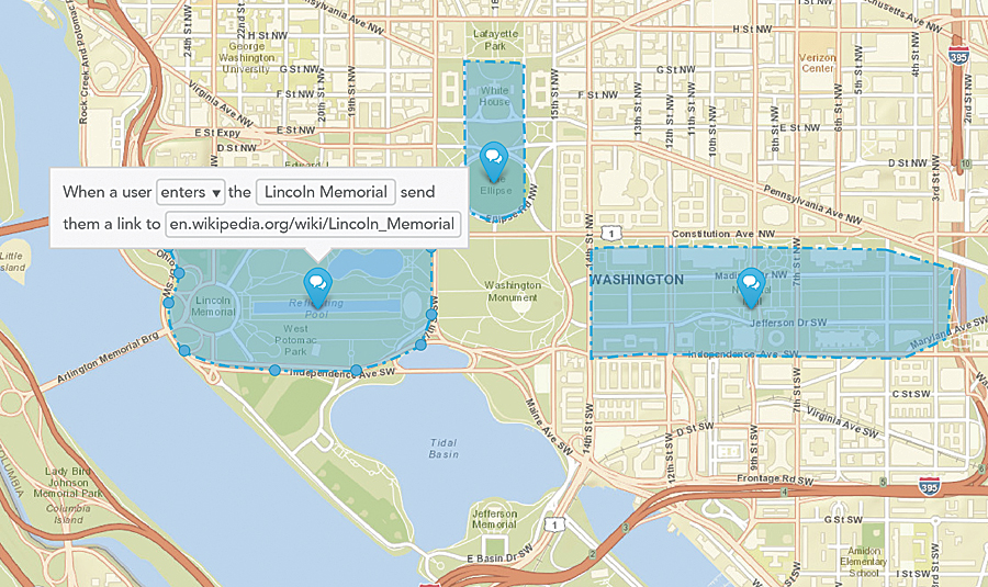 The Esri Geotrigger feature allows an application to send messages in real time to individual users as they encounter a geofenced area. Here, a visual trigger editor allows a nontechnical staffer to modify geofence locations and Geotrigger logic on the fly, without writing any new code. The Esri Geotrigger feature allows an application to send messages in real time to individual users as they encounter a geofenced area. Here, a visual trigger editor allows a nontechnical staffer to modify geofence locations and Geotrigger logic on the fly, without writing any new code.