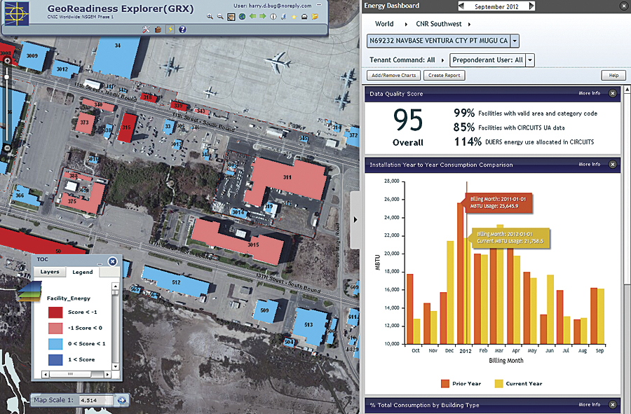 The Navy Shore Geospatial Energy Module (NSGEM) dashboard provides a bread crumb tracker and date picker to drill down to the geographic extent and lens for specific charts and reports. The map viewer renders buildings according to benchmark score, and the Data Quality Score highlights the accuracy and completeness of the information behind the dashboard.