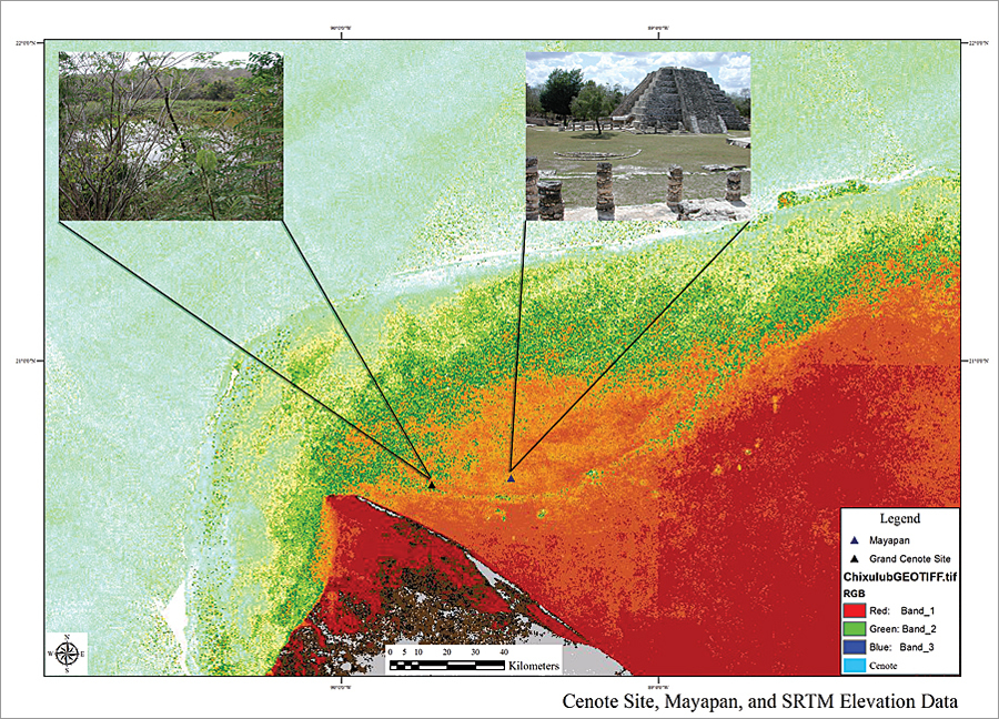 Screen shot of false color SRTM elevation data in ArcGIS (green-red-black = low elevation to high) with insets for a rim cenote and Mayapan, which is located inside the basin close to the rim. (SRTM image by permission Gary L. Kinsland [2003].)