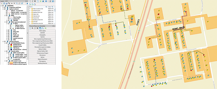 Active, passive, and tap output devices are marked on the map (in English).